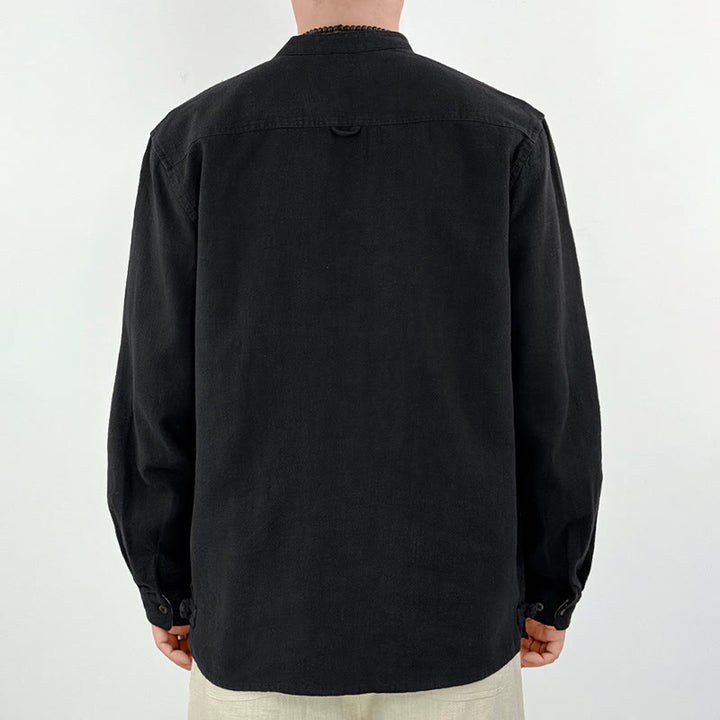 Chemise décontractée en lin et coton pour homme avec poches et motif Buddha Stones