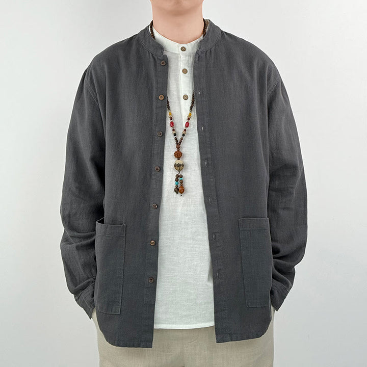Chemise décontractée en lin et coton pour homme avec poches et motif Buddha Stones