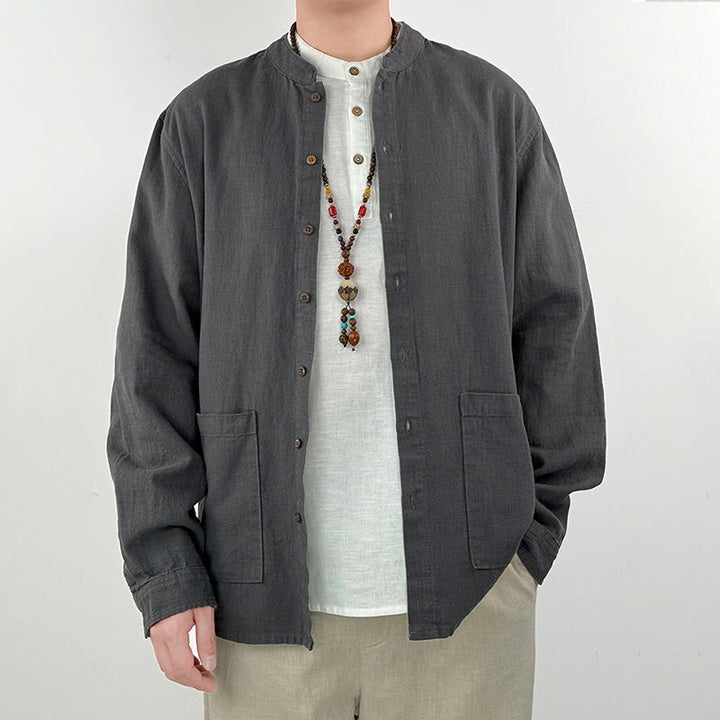 Chemise décontractée en lin et coton pour homme avec poches et motif Buddha Stones