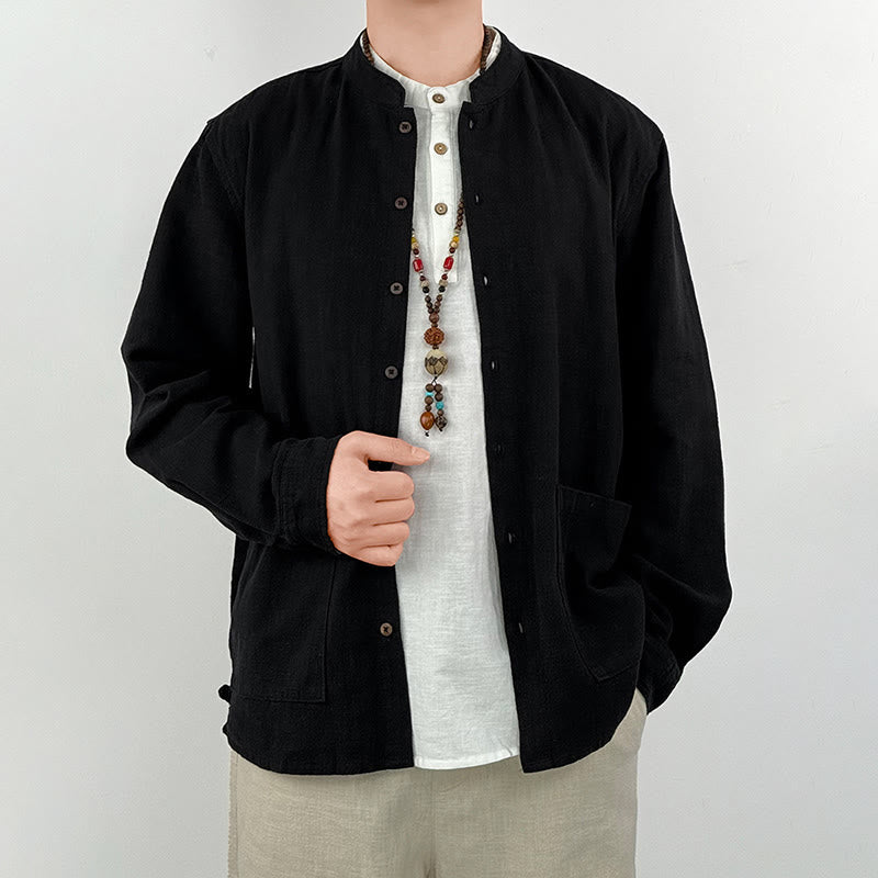 Chemise décontractée en lin et coton pour homme avec poches et motif Buddha Stones