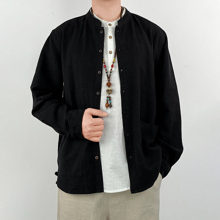 Chemise décontractée en lin et coton pour homme avec poches et motif Buddha Stones
