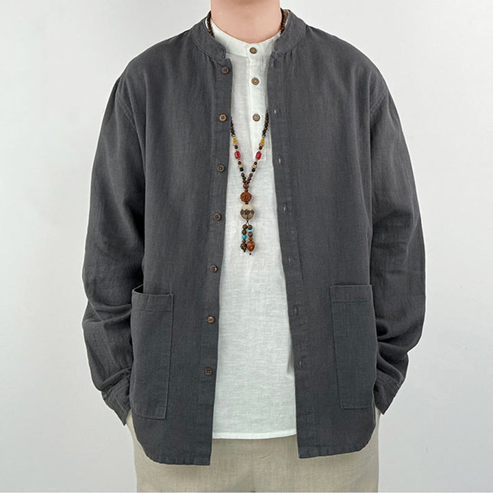 Chemise décontractée en lin et coton pour homme avec poches et motif Buddha Stones
