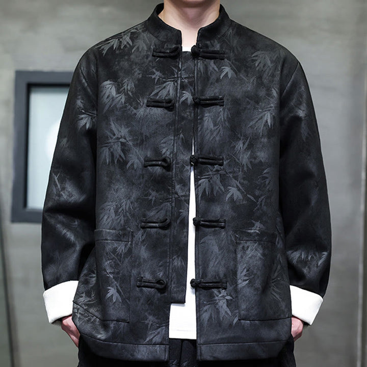 Veste en daim et coton à motif bambou pour homme avec poches et boutons en grenouille de Buddha Stones