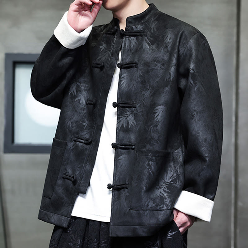 Veste en daim et coton à motif bambou pour homme avec poches et boutons en grenouille de Buddha Stones