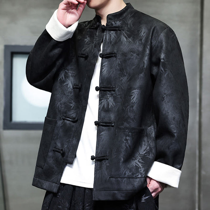 Veste en daim et coton à motif bambou pour homme avec poches et boutons en grenouille de Buddha Stones