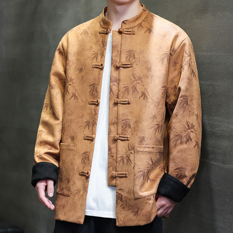 Veste en daim et coton à motif bambou pour homme avec poches et boutons en grenouille de Buddha Stones