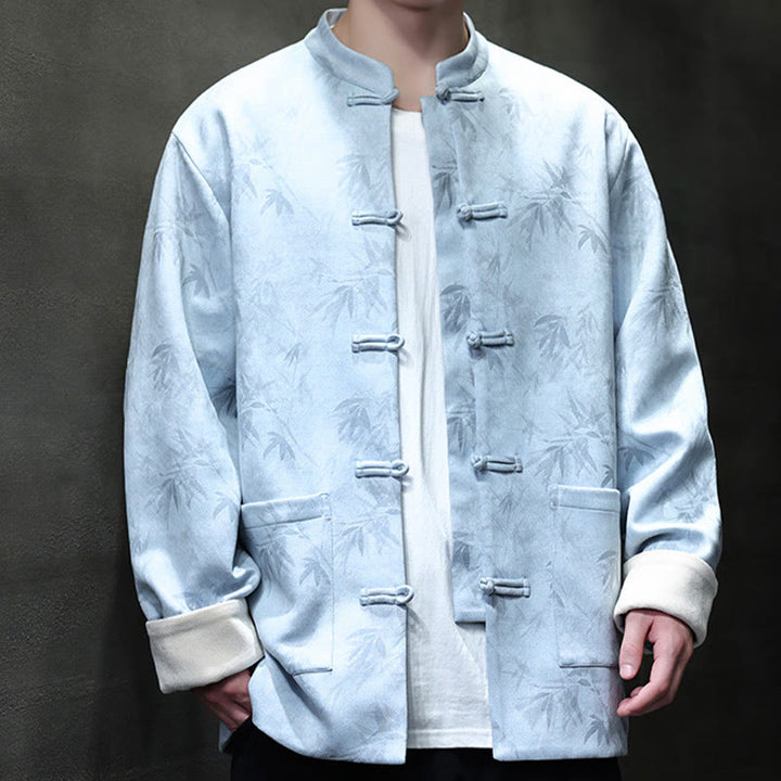 Veste en daim et coton à motif bambou pour homme avec poches et boutons en grenouille de Buddha Stones