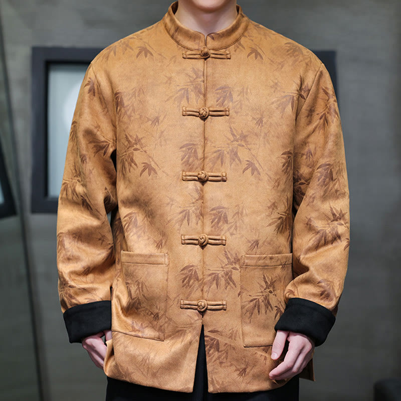 Veste en daim et coton à motif bambou pour homme avec poches et boutons en grenouille de Buddha Stones
