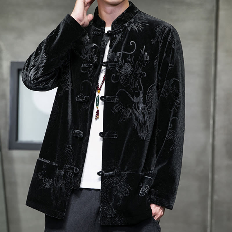 Buddha Stones Chemise en coton à boutons de grenouille pour homme avec motif dragon et poches - Noir - US/UK/AU46，EU56 (5XL) - image 10