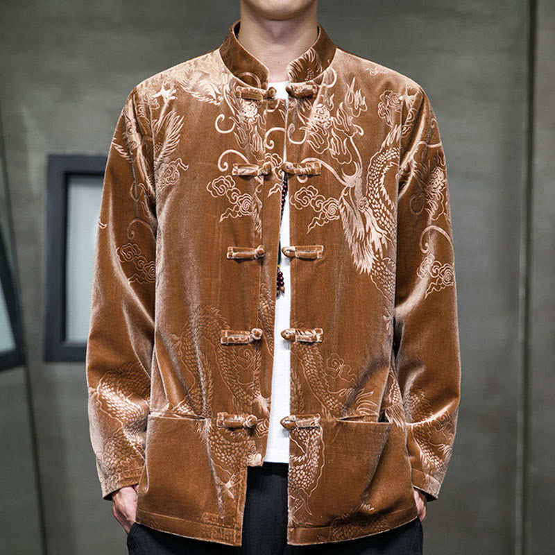 Buddha Stones Chemise en coton à boutons de grenouille pour homme avec motif dragon et poches - Pérou - US/UK/AU46，EU56 (5XL) - image 0