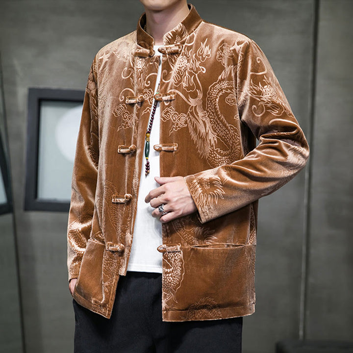 Buddha Stones Chemise en coton à boutons de grenouille pour homme avec motif dragon et poches - image 4