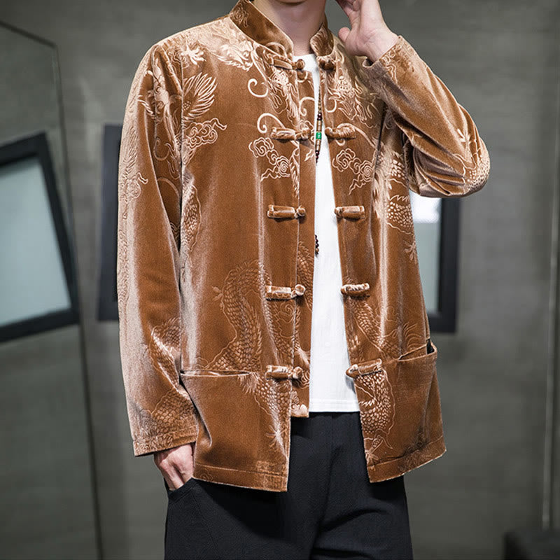 Buddha Stones Chemise en coton à boutons de grenouille pour homme avec motif dragon et poches - image 3