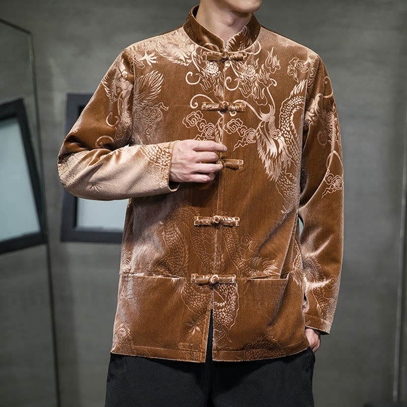 Buddha Stones Chemise en coton à boutons de grenouille pour homme avec motif dragon et poches - image 2