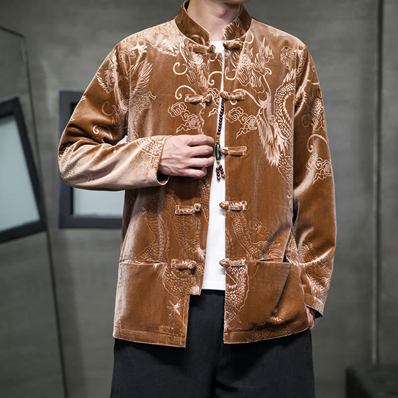 Buddha Stones Chemise en coton à boutons de grenouille pour homme avec motif dragon et poches - image 6