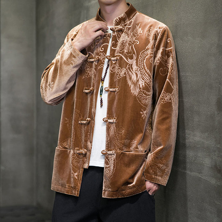 Buddha Stones Chemise en coton à boutons de grenouille pour homme avec motif dragon et poches - image 7