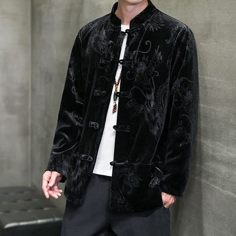 Buddha Stones Chemise en coton à boutons de grenouille pour homme avec motif dragon et poches - image 12