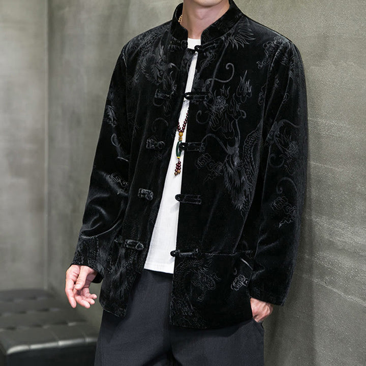 Buddha Stones Chemise en coton à boutons de grenouille pour homme avec motif dragon et poches - image 12