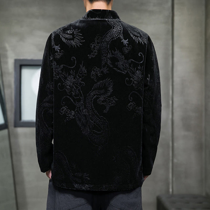 Buddha Stones Chemise en coton à boutons de grenouille pour homme avec motif dragon et poches - image 17