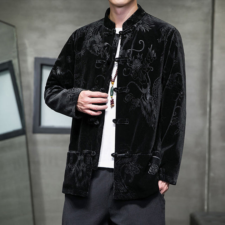 Buddha Stones Chemise en coton à boutons de grenouille pour homme avec motif dragon et poches - image 16