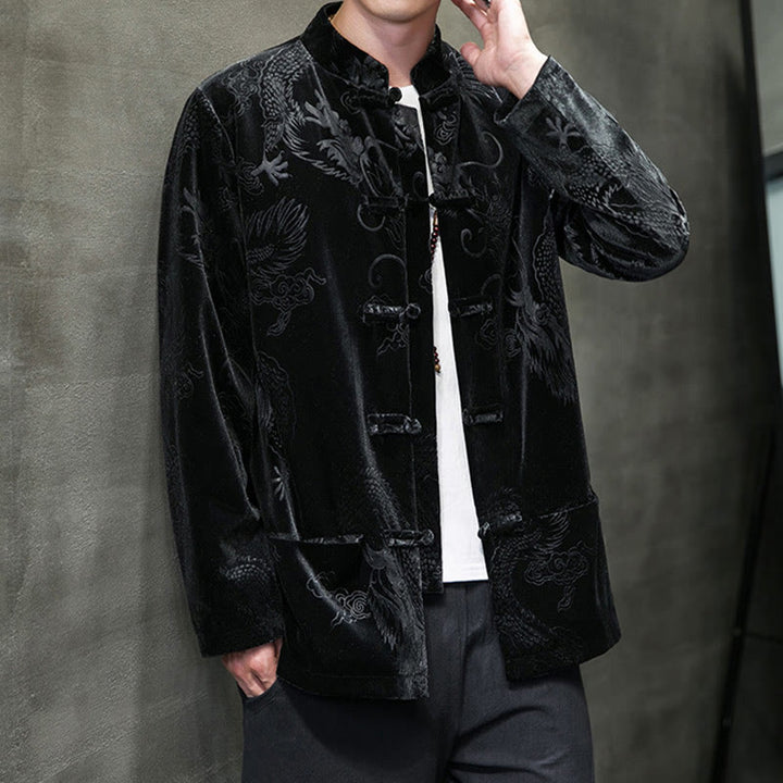 Buddha Stones Chemise en coton à boutons de grenouille pour homme avec motif dragon et poches - image 15