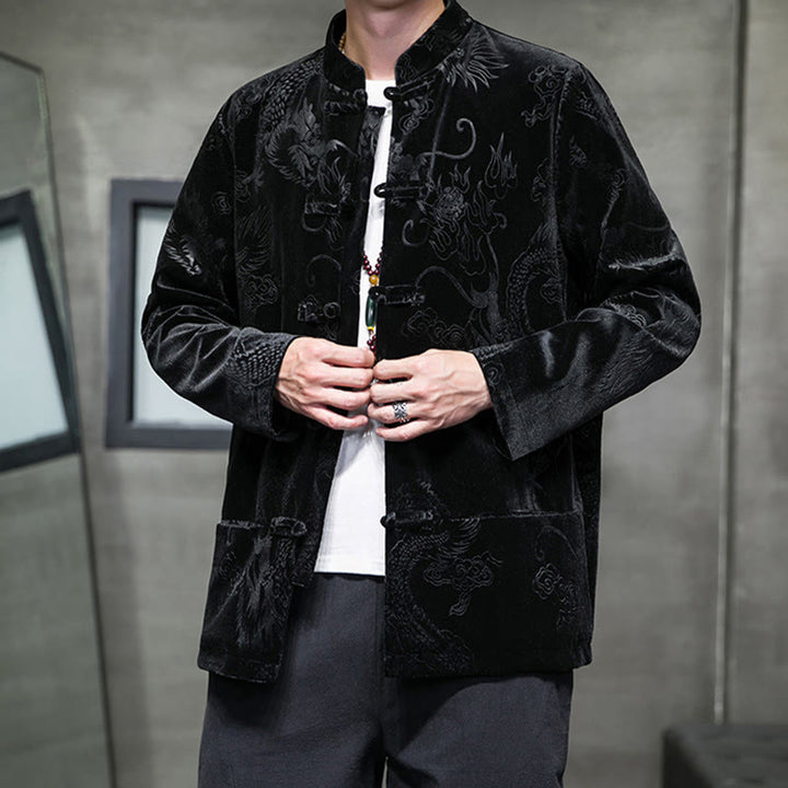 Buddha Stones Chemise en coton à boutons de grenouille pour homme avec motif dragon et poches - image 14