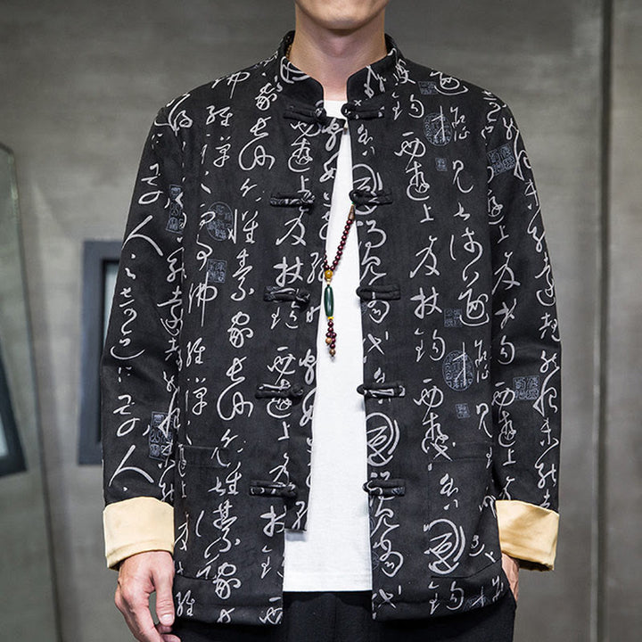 Veste en polyester et peau de cerf à motif de calligraphie chinoise pour homme avec boutons de Buddha Stones et poches