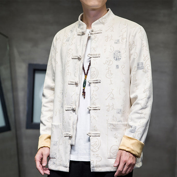 Veste en polyester et peau de cerf à motif de calligraphie chinoise pour homme avec boutons de Buddha Stones et poches