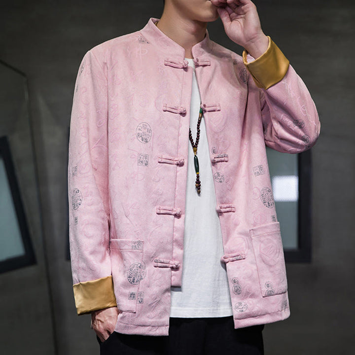 Veste en polyester et peau de cerf à motif de calligraphie chinoise pour homme avec boutons de Buddha Stones et poches