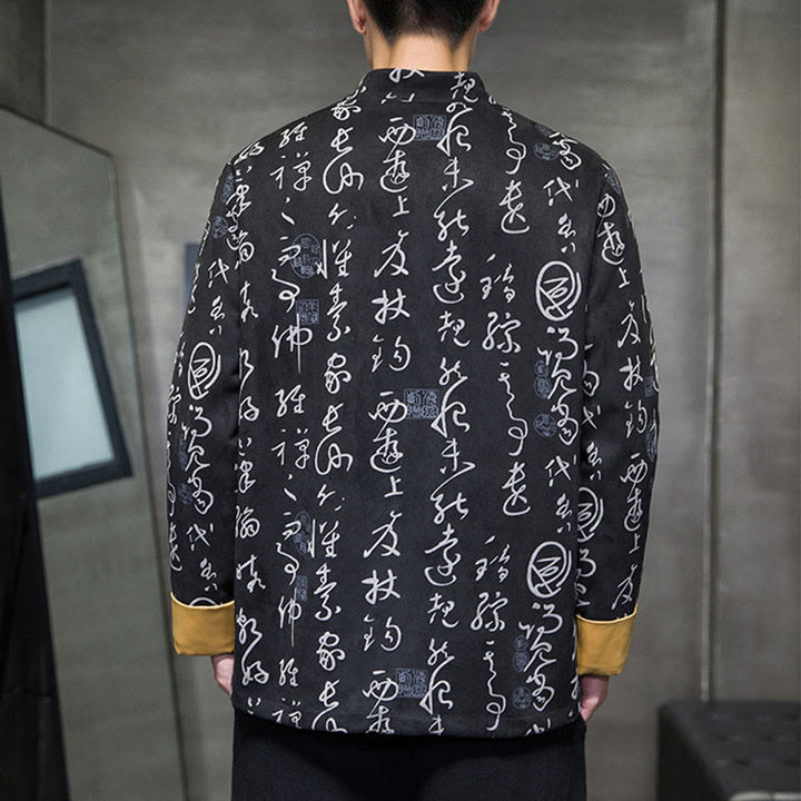 Veste en polyester et peau de cerf à motif de calligraphie chinoise pour homme avec boutons de Buddha Stones et poches