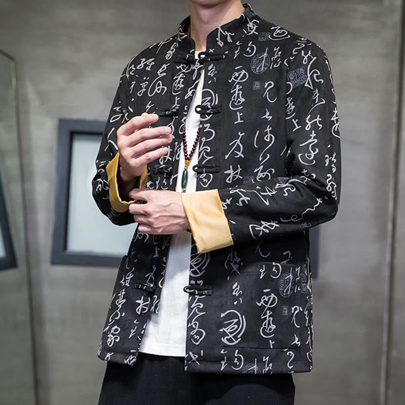 Veste en polyester et peau de cerf à motif de calligraphie chinoise pour homme avec boutons de Buddha Stones et poches