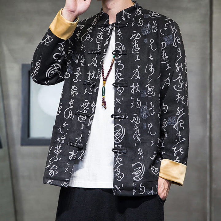 Veste en polyester et peau de cerf à motif de calligraphie chinoise pour homme avec boutons de Buddha Stones et poches