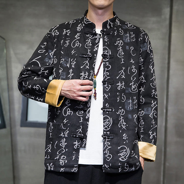 Veste en polyester et peau de cerf à motif de calligraphie chinoise pour homme avec boutons de Buddha Stones et poches