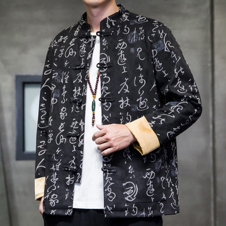 Veste en polyester et peau de cerf à motif de calligraphie chinoise pour homme avec boutons de Buddha Stones et poches