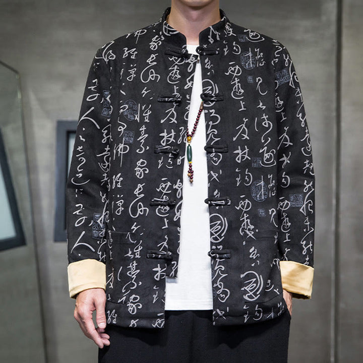 Veste en polyester et peau de cerf à motif de calligraphie chinoise pour homme avec boutons de Buddha Stones et poches