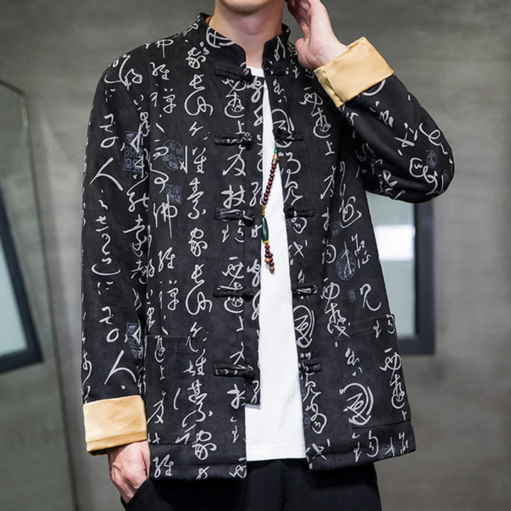 Veste en polyester et peau de cerf à motif de calligraphie chinoise pour homme avec boutons de Buddha Stones et poches