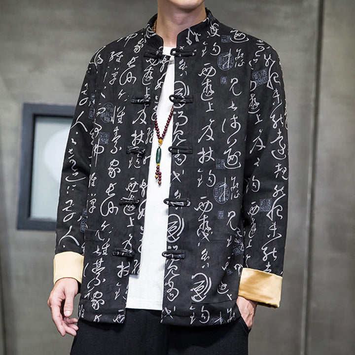 Veste en polyester et peau de cerf à motif de calligraphie chinoise pour homme avec boutons de Buddha Stones et poches