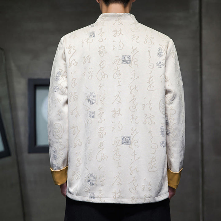Veste en polyester et peau de cerf à motif de calligraphie chinoise pour homme avec boutons de Buddha Stones et poches