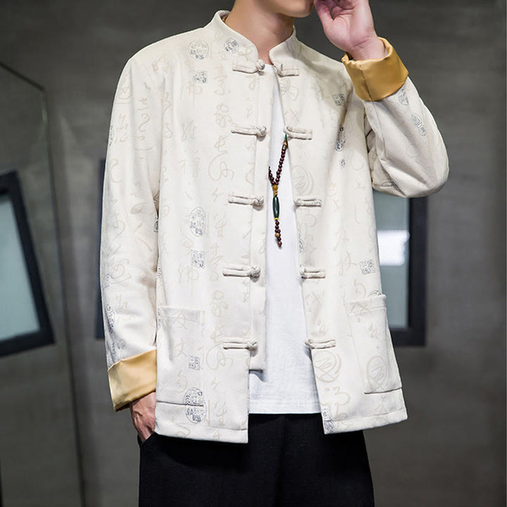 Veste en polyester et peau de cerf à motif de calligraphie chinoise pour homme avec boutons de Buddha Stones et poches