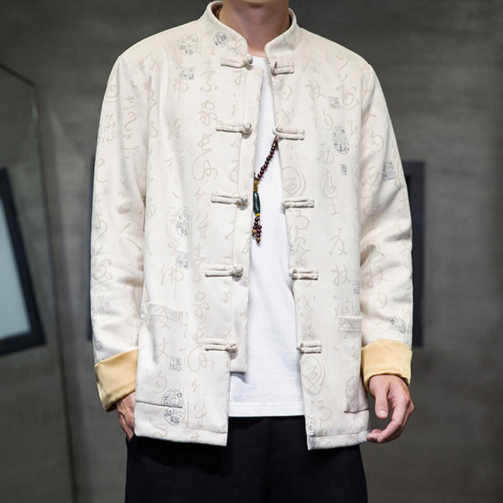 Veste en polyester et peau de cerf à motif de calligraphie chinoise pour homme avec boutons de Buddha Stones et poches
