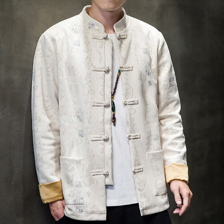 Veste en polyester et peau de cerf à motif de calligraphie chinoise pour homme avec boutons de Buddha Stones et poches