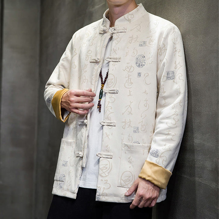Veste en polyester et peau de cerf à motif de calligraphie chinoise pour homme avec boutons de Buddha Stones et poches