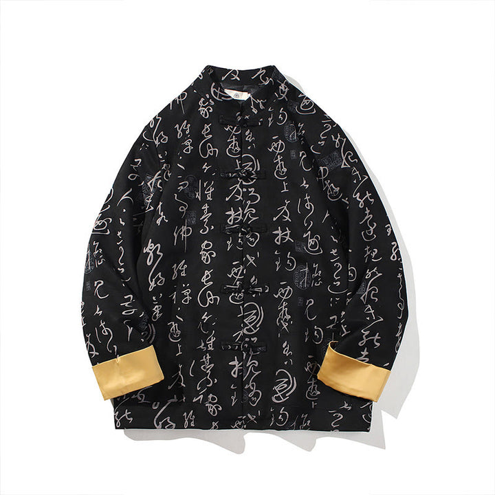 Veste en polyester et peau de cerf à motif de calligraphie chinoise pour homme avec boutons de Buddha Stones et poches