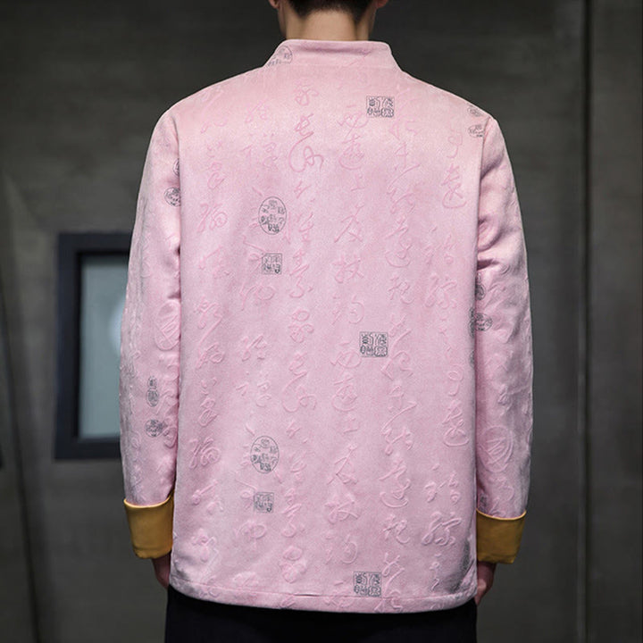 Veste en polyester et peau de cerf à motif de calligraphie chinoise pour homme avec boutons de Buddha Stones et poches