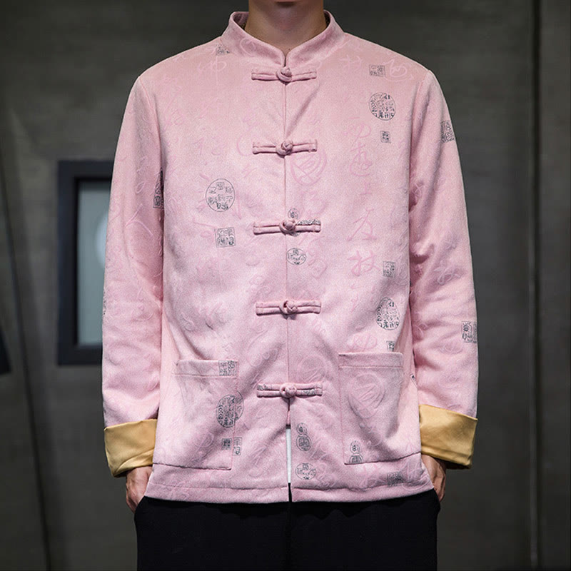 Veste en polyester et peau de cerf à motif de calligraphie chinoise pour homme avec boutons de Buddha Stones et poches