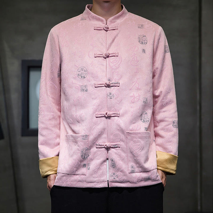 Veste en polyester et peau de cerf à motif de calligraphie chinoise pour homme avec boutons de Buddha Stones et poches