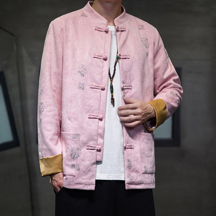 Veste en polyester et peau de cerf à motif de calligraphie chinoise pour homme avec boutons de Buddha Stones et poches