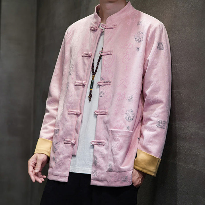 Veste en polyester et peau de cerf à motif de calligraphie chinoise pour homme avec boutons de Buddha Stones et poches