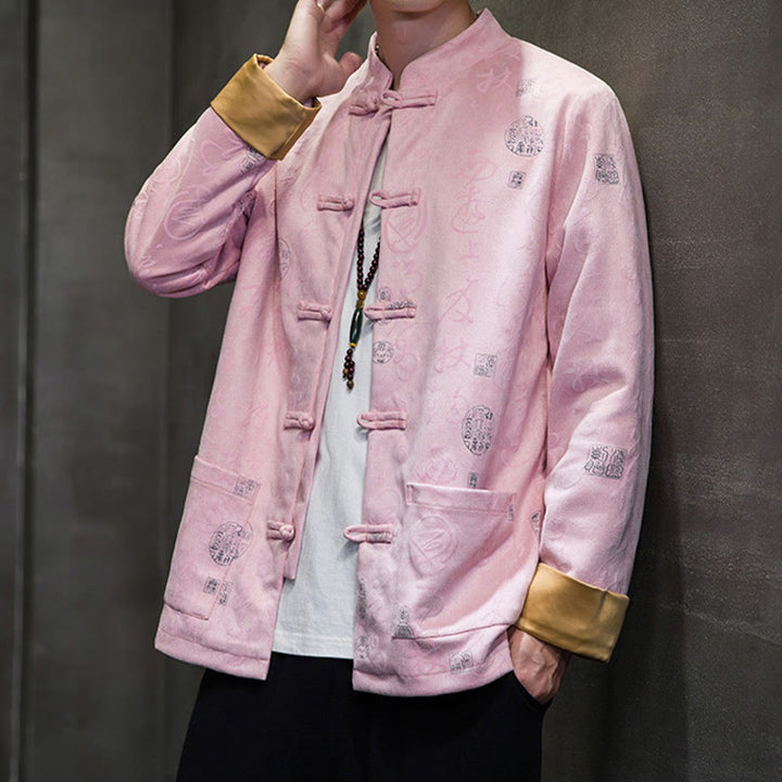 Veste en polyester et peau de cerf à motif de calligraphie chinoise pour homme avec boutons de Buddha Stones et poches