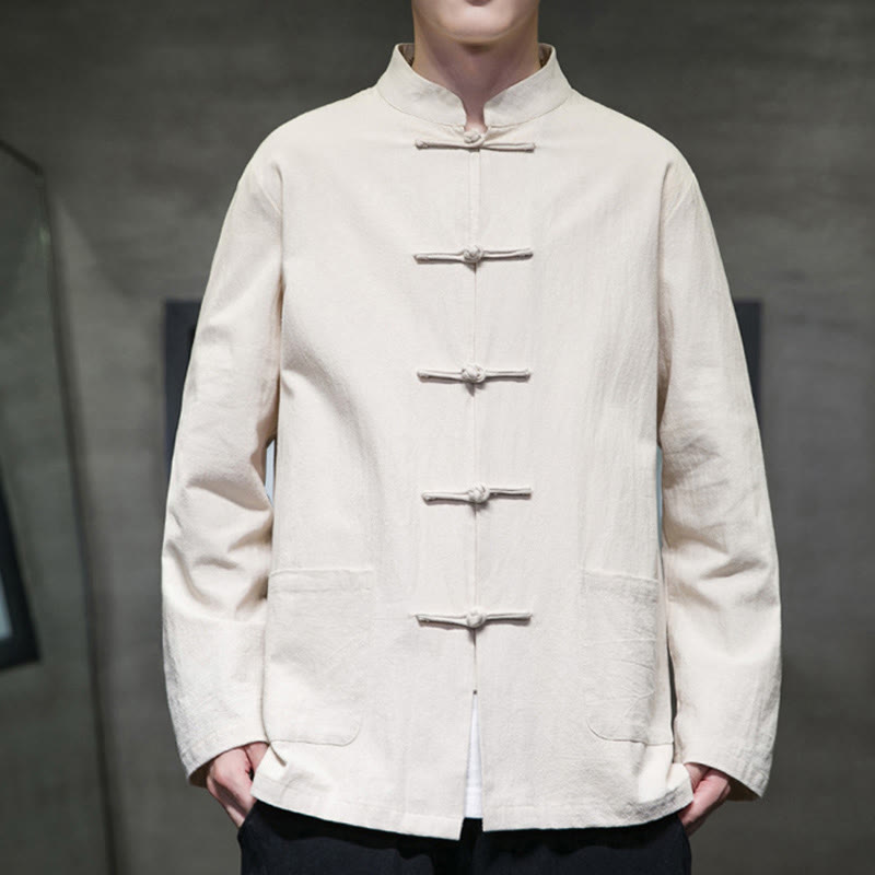 Veste en coton et lin pour homme avec poches et boutons de Buddha Stones de couleur unie