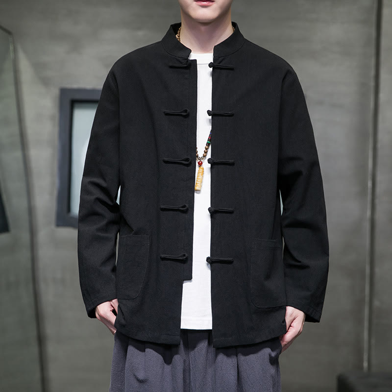 Veste en coton et lin pour homme avec poches et boutons de Buddha Stones de couleur unie